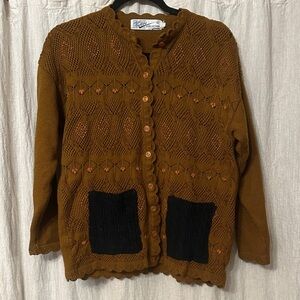 Vintage Brown Knit Cardigan with Black Accents
